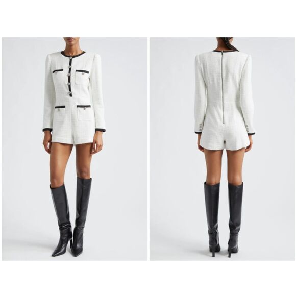 Alice + Olivia Womens White Shiloh Patch Pocket Long Sleeve Tweed Romper Size 10 - Picture 1 of 7